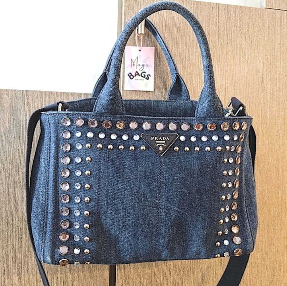 Prada: Denim Rhinestone Bijoux Canapa Crossbody Tote Bag ๐ - Picture 1 of 17